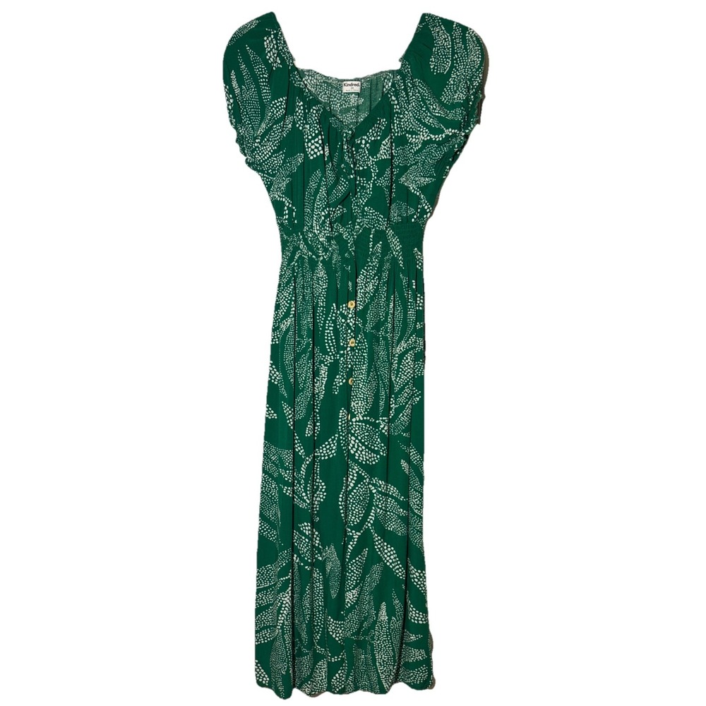 Kindred Midi Dress Womens Green Excellent Smocked Leaf Print Button Front 2X